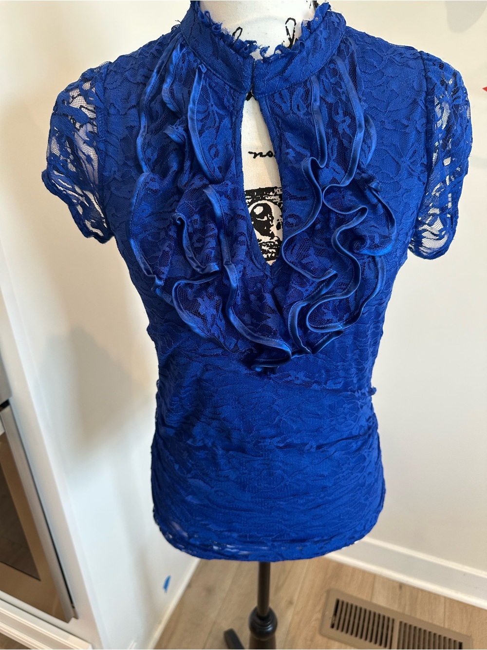 HeartSoul Royal Blue Lace Ruffle Keyhole Blouse ROSHED SIDES.